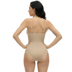 Clean back view of beige shapewear underwear bodysuit against plain background, smoothing fit shown.