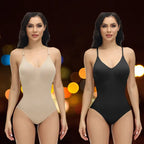 Beige and black shapewear underwear bodysuits side by side with glowing light background.