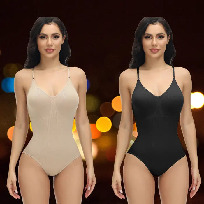 Beige and black shapewear underwear bodysuits side by side with glowing light background.