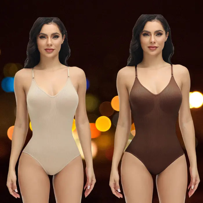 Shapewear underwear in beige and brown featured under festive blurred light backdrop.