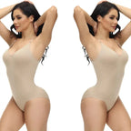 Beige shapewear underwear shown in mirrored side poses with arms raised, seamless shaping visible.