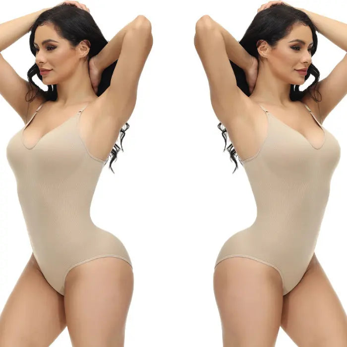 Beige shapewear underwear shown in mirrored side poses with arms raised, seamless shaping visible.