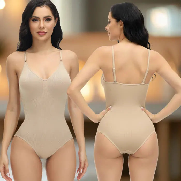 Front and back views of beige shapewear underwear bodysuit modeled in softly lit indoor setting.