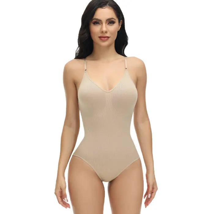 Front model view of beige shapewear underwear bodysuit with v-neckline and seamless construction.