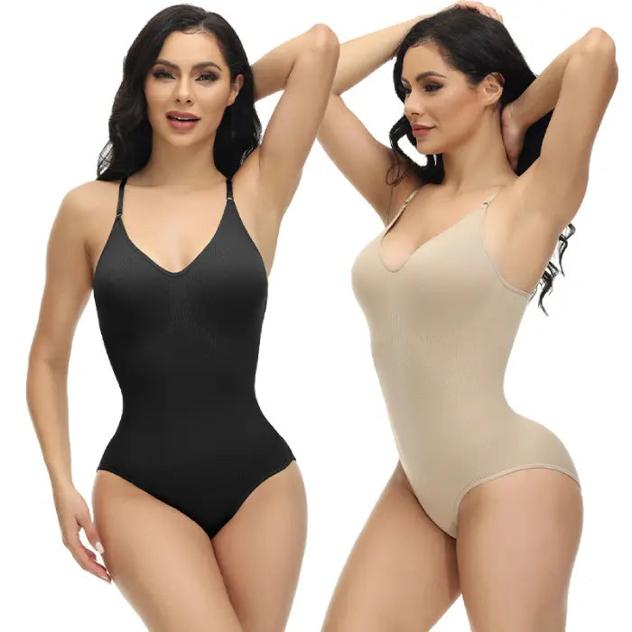 Shapewear underwear in black and beige with models posing front and side against white background.
