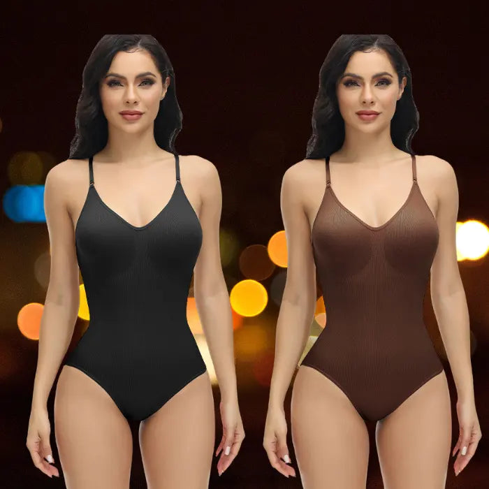 Shapewear underwear bodysuits in black and brown modeled with colorful night city lights behind.