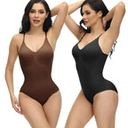 Black and brown shapewear underwear bodysuits on models with hands-up poses on white background.