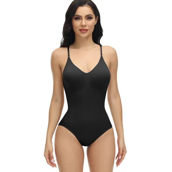 Black shapewear underwear bodysuit with v-neck and seamless fit shown front-facing on model.