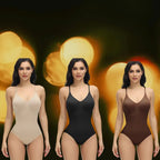 Shapewear underwear bodysuits in beige, black, and brown with bokeh lights in background.