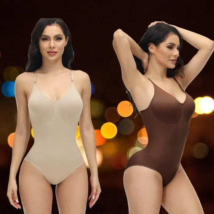 Shapewear underwear bodysuits in brown and beige worn by models with blurred city lights backdrop.