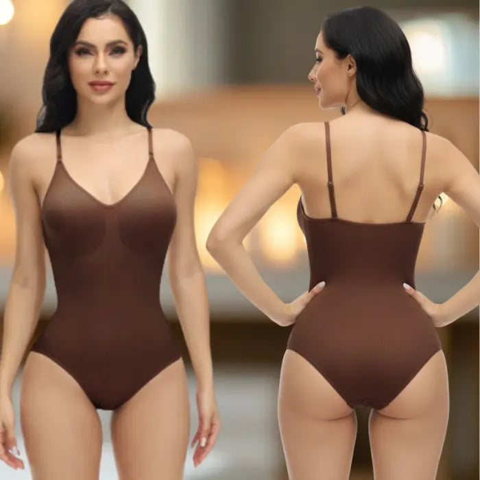 Brown shapewear underwear bodysuit shown front and back on model in softly lit upscale interior.