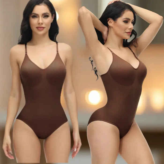 Brown shapewear underwear bodysuit shown in front and angled pose with softly blurred warm lighting.