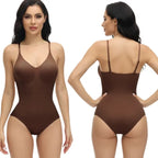 Shapewear underwear in brown displayed from both front and back on model for full-body detailing.
