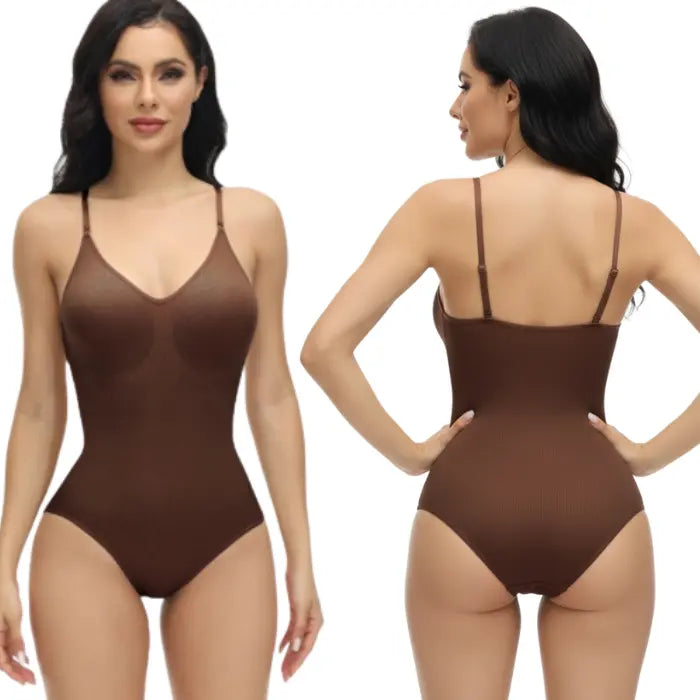 Shapewear underwear in brown displayed from both front and back on model for full-body detailing.