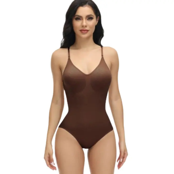 Front view of brown shapewear underwear bodysuit featuring adjustable straps and seamless fit.