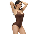 Shapewear underwear bodysuit in brown shown in flattering side profile with hands behind head.