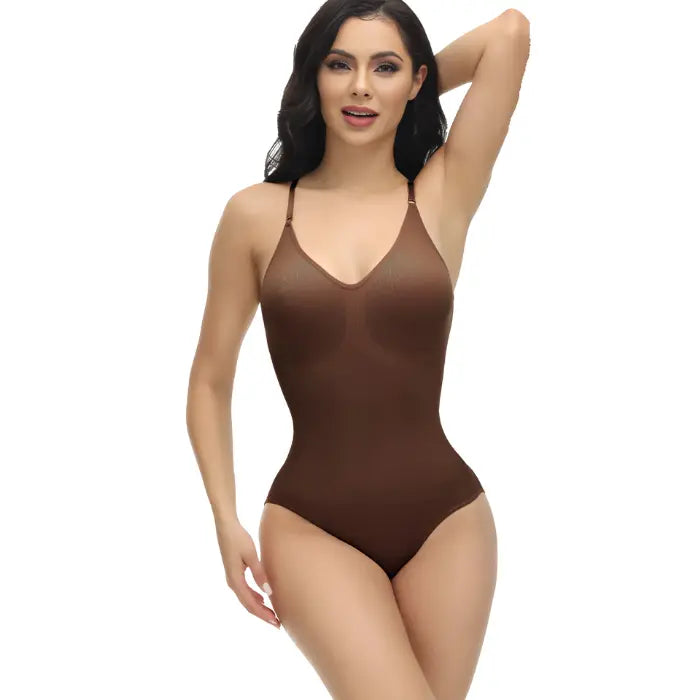 Brown shapewear underwear v-neck bodysuit modeled with hand up in confident, playful pose.
