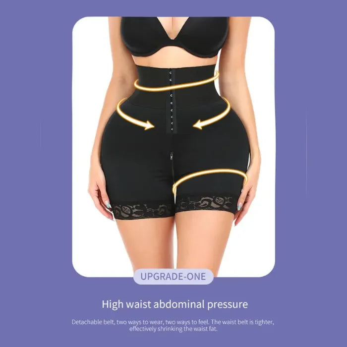 Shapewear with high waist pressure design and contour arrows to shape waist, hips, and thighs effectively.