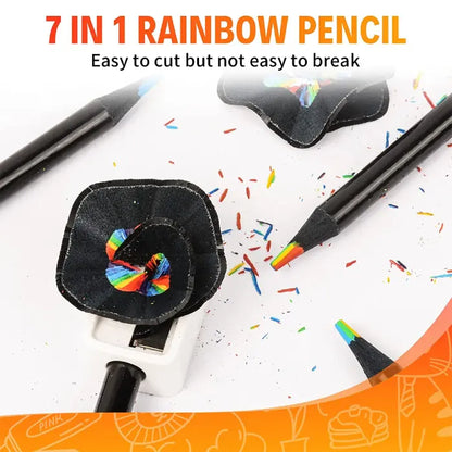 Sharpened black rainbow pencil with colorful shavings, emphasizing durable lead and easy sharpening.