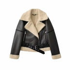 shearling jacket black aviator style, faux leather with black sherpa collar, zip pockets and belt, front on hanger hooks