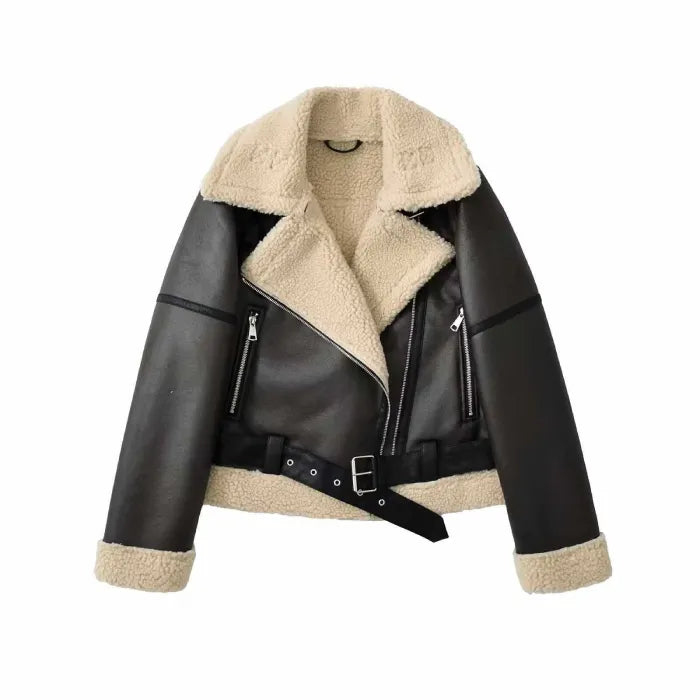 shearling jacket black aviator style, faux leather with black sherpa collar, zip pockets and belt, front on hanger hooks