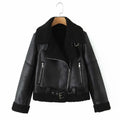 shearling jacket black faux leather, beige sherpa collar and cuffs, asymmetrical zipper and belt, front view flat lay up