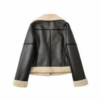 shearling jacket black faux leather with black sherpa trim, cuffed sleeves, back view centered on white background plain