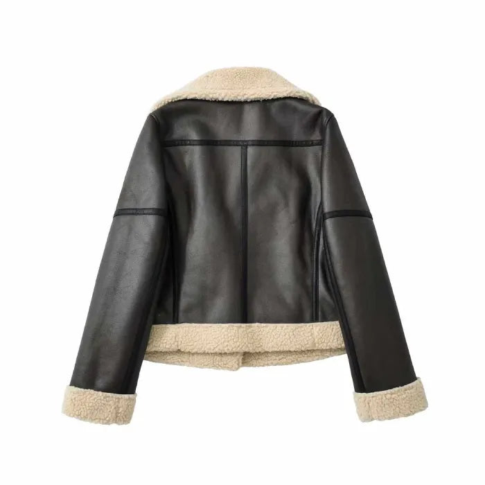 shearling jacket black faux leather with black sherpa trim, cuffed sleeves, back view centered on white background plain