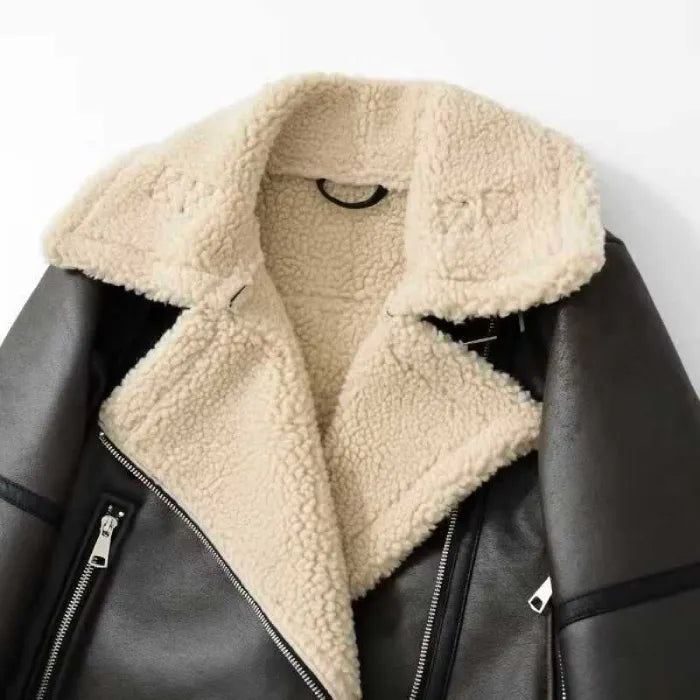 shearling-jacket belted hem with sherpa trim and dual zipper fronts emphasizing stylish structure and durable winter coat detailing