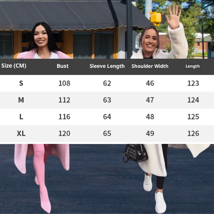 Sherpa Coat sizing chart showing bust, sleeve, shoulder, and length measurements from S to XL.