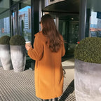 Sherpa Coat in camel brown shown from the back with long sleeves and soft fuzzy texture.