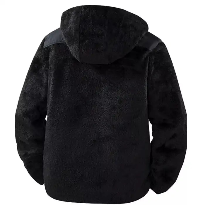  Sherpa fleece hooded jacket with zipper pockets black back view displaying plush sherpa texture and hood detail.