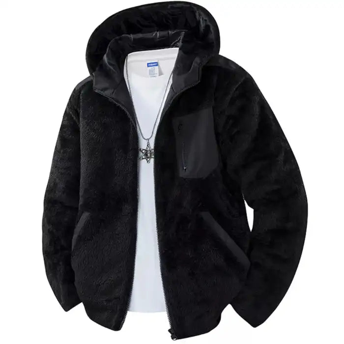  Sherpa fleece hooded jacket with zipper pockets in black with contrast nylon accents, warm winter outerwear.