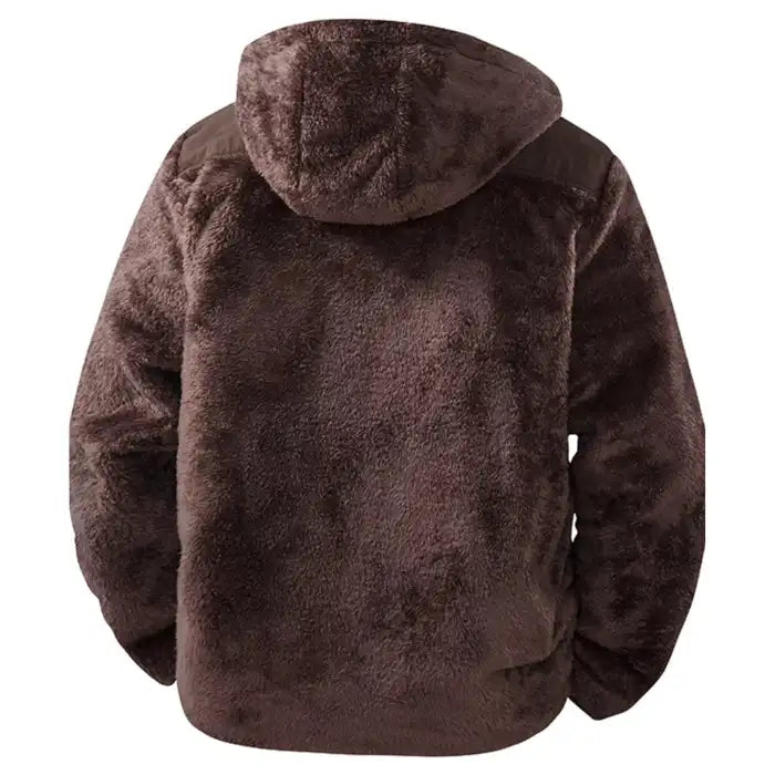  Sherpa fleece hooded jacket with zipper pockets brown back view showing fluffy hood and cozy sherpa fabric.