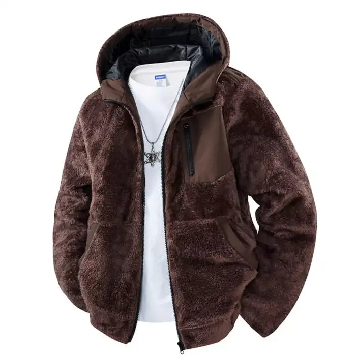  Sherpa fleece hooded jacket with zipper pockets in rich brown color, showcasing soft plush texture and hood.