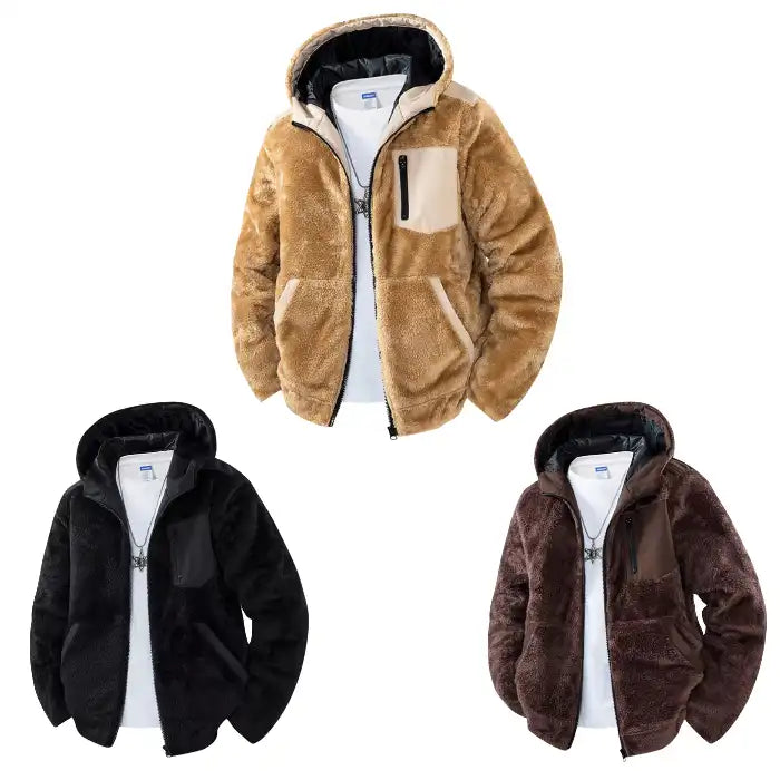 Sherpa fleece hooded jacket with zipper pockets shown in tan, black, and brown color options on white background.