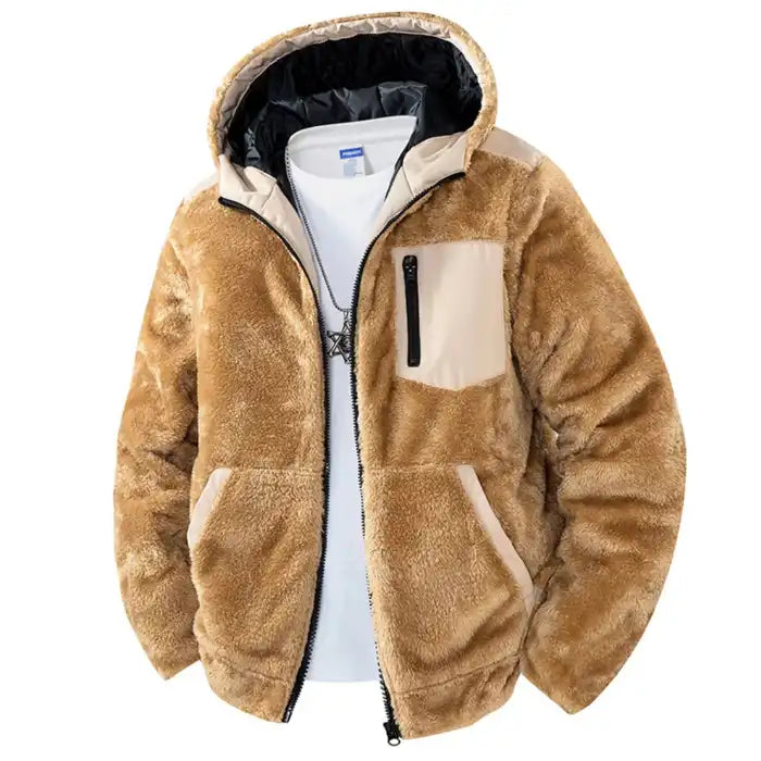  Sherpa fleece hooded jacket with zipper pockets in tan color with beige accents, fully zipped front view display.