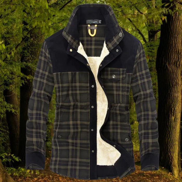 shirt jacket in black plaid with cream fleece interior and dark shoulder panels