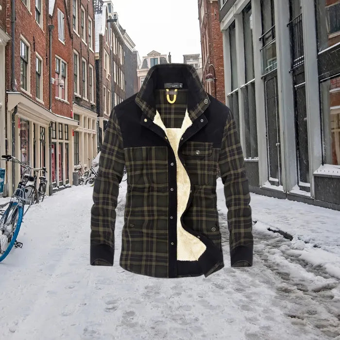 shirt jacket with black shoulder panels and plaid pattern shown in a snowy urban setting