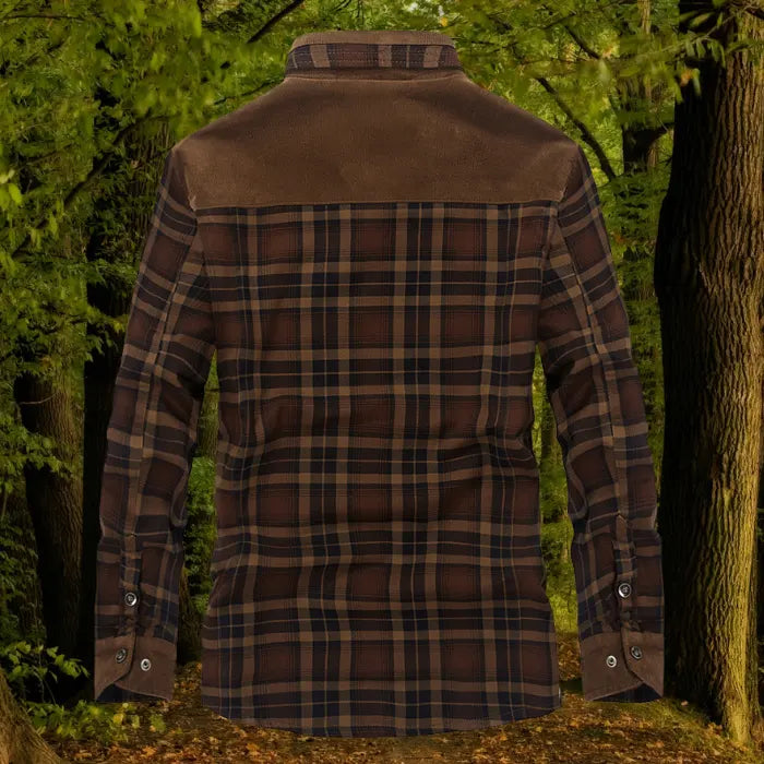 shirt jacket back view showing brown plaid pattern and solid brown shoulder panel