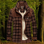 shirt jacket in brown plaid with warm fleece lining and corduroy accents on the collar and shoulders