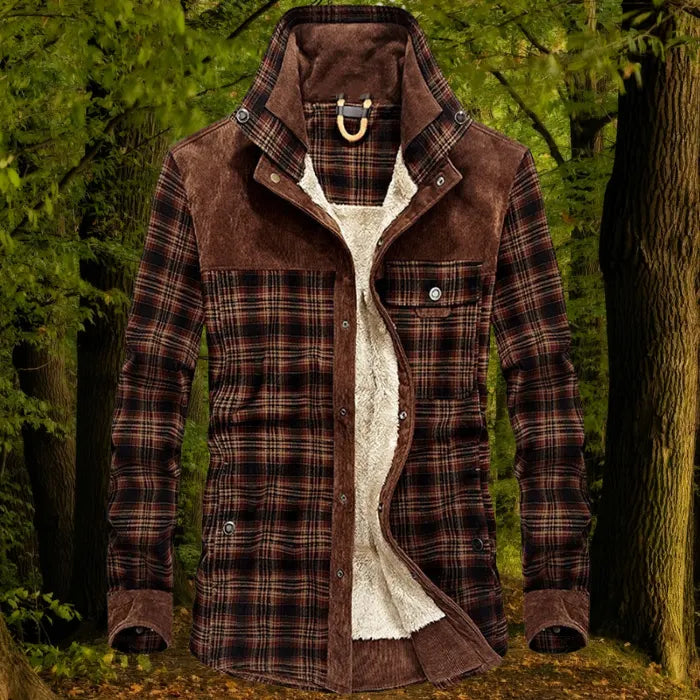 shirt jacket in brown plaid with warm fleece lining and corduroy accents on the collar and shoulders