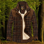 shirt jacket in brown plaid with cozy fleece lining and buttoned chest pocket