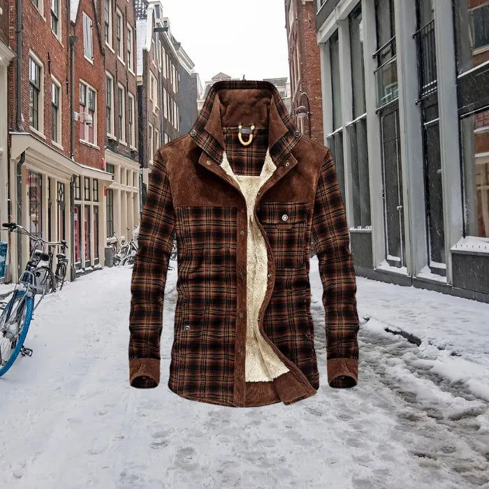 shirt jacket in brown plaid shown in a snowy urban street setting with fleece lining visible