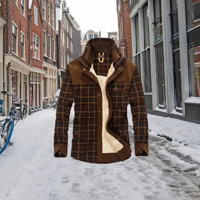 shirt jacket in brown plaid with warm fleece lining shown outdoors on a snowy street