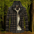 shirt jacket in dark plaid with soft fleece interior and corduroy shoulder detailing