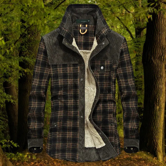 shirt jacket in dark plaid with soft fleece interior and corduroy shoulder detailing
