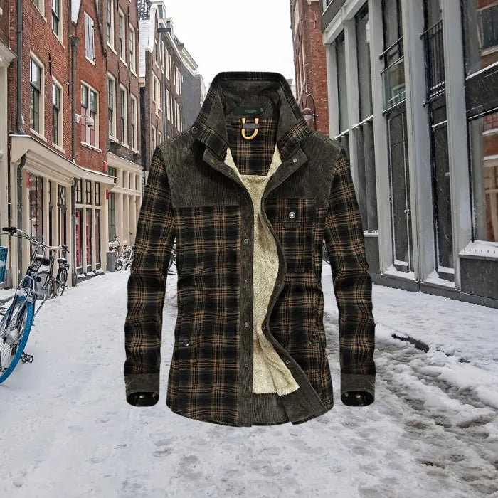 shirt jacket in dark plaid displayed outdoors against a snowy city street backdrop