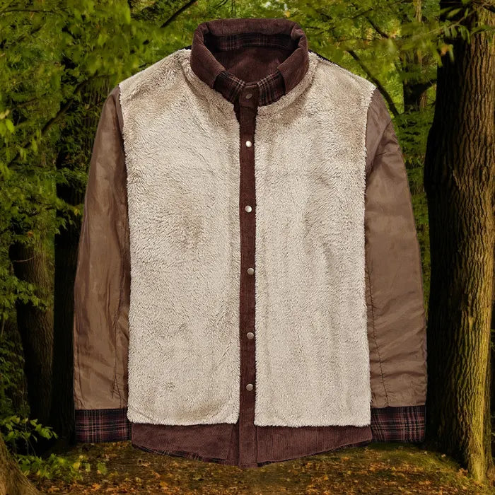 shirt jacket inner fleece vest layer in beige with brown sleeves and snap closure