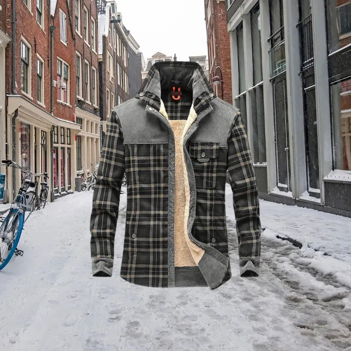shirt jacket with grey accents and plaid design photographed in a snowy city environment